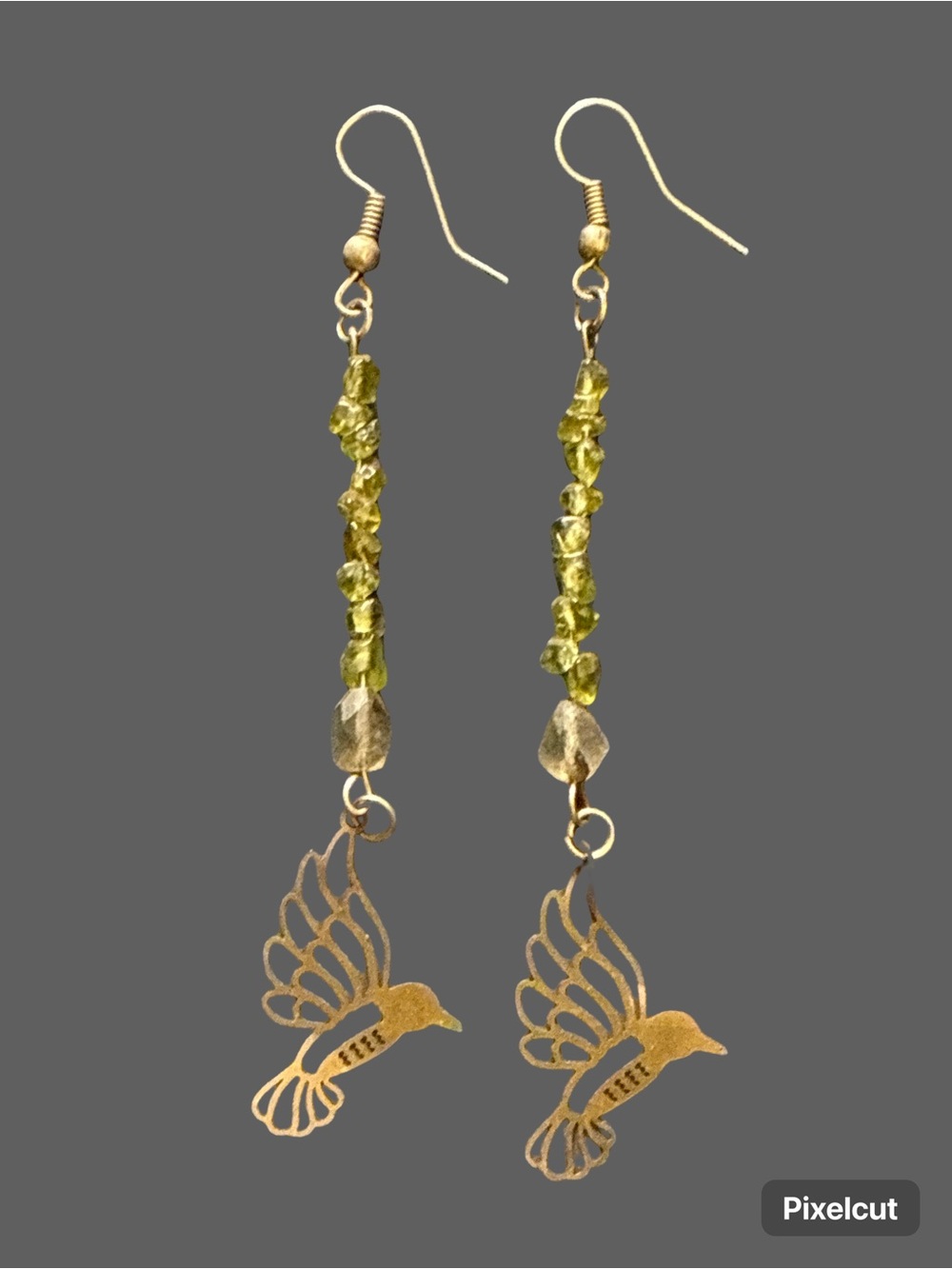 Gold Hummingbird Drop Earrings with Olive Green Bead Accents